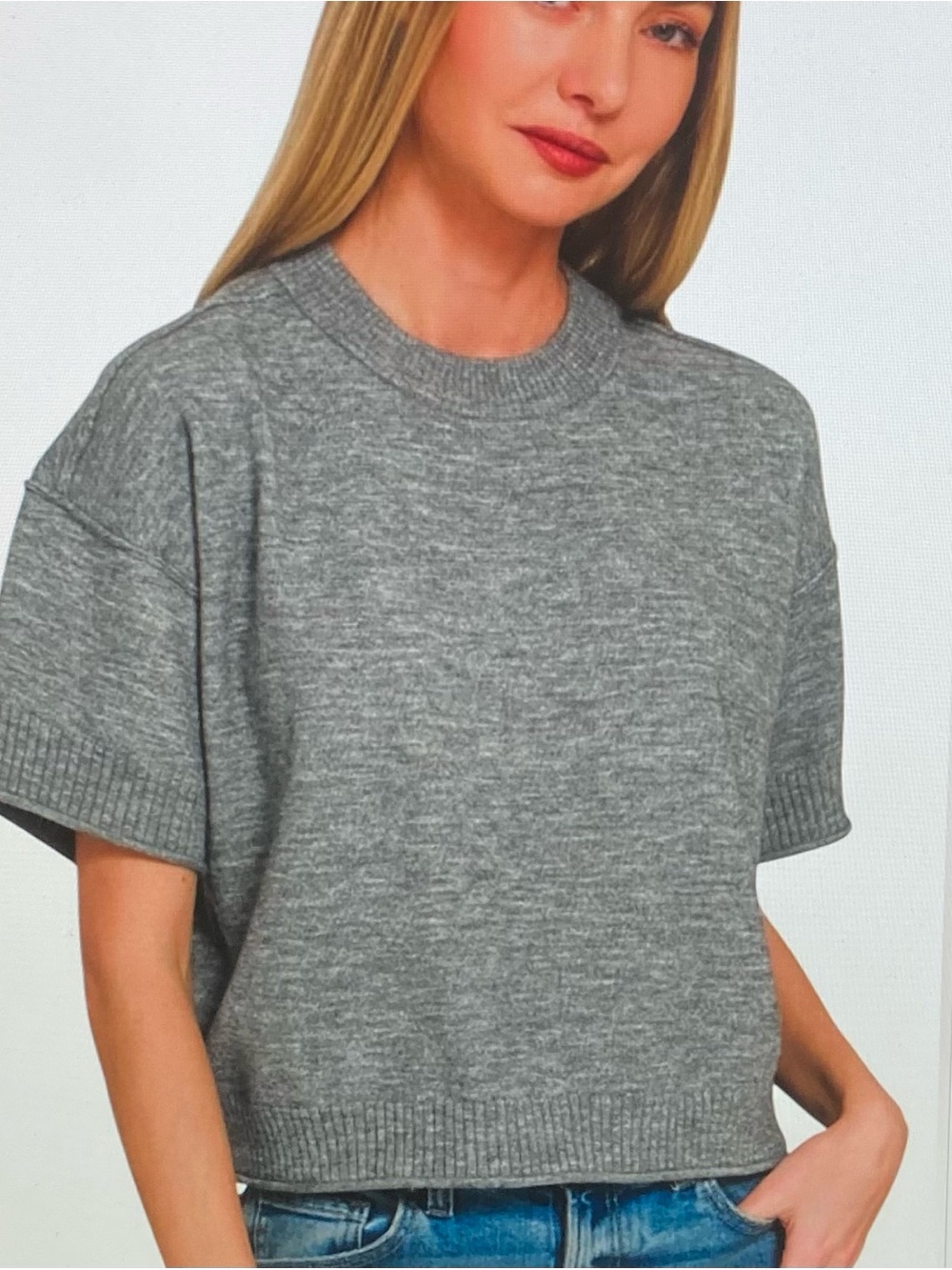 Zenana Grey Short-Sleeve Crop Sweater